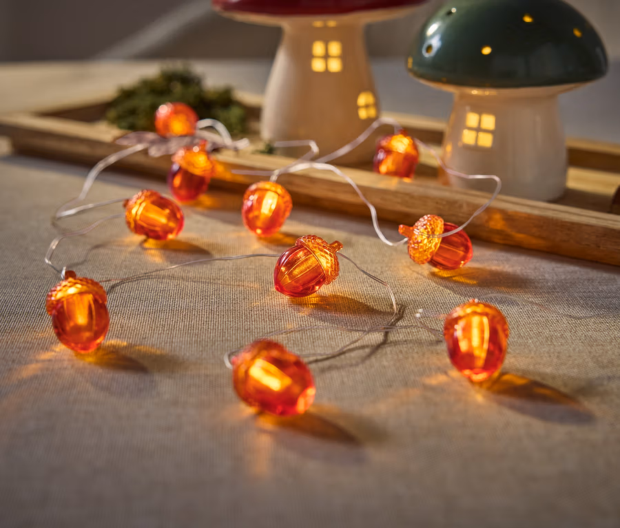 Nahaufnahme von Eichel-Lichterkette auf Tisch neben Pilzlampen auf Holztablett.