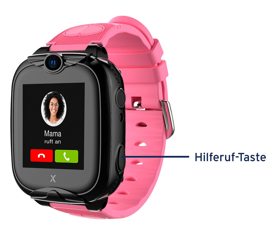 Nahaufnahme der pinken Kinderuhr Xplora XGO2, die einen eingehenden Anruf von "Mama" auf dem Bildschirm anzeigt.