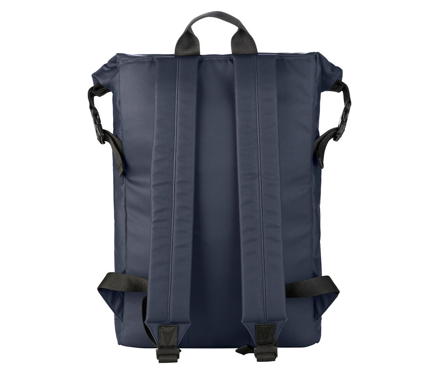Rückansicht eines marineblauen Rucksacks mit schwarzen Trägern und Griff.