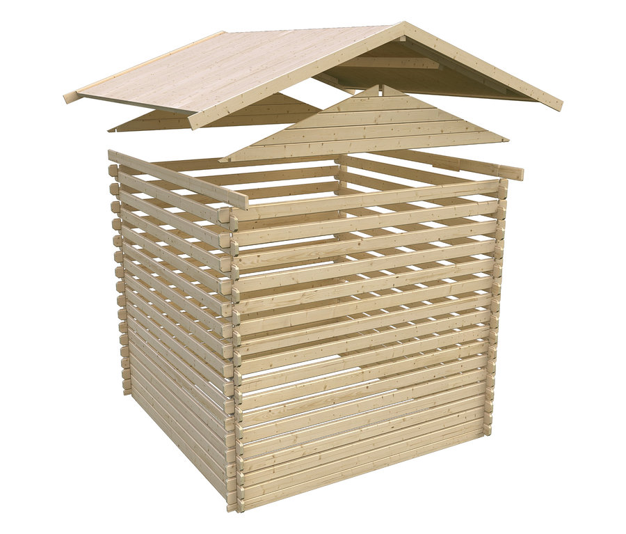 Holzkonstruktion eines kleinen Gebäudes im Bau, bestehend aus horizontalen Holzlatten und einem Giebeldach, das noch nicht montiert ist.