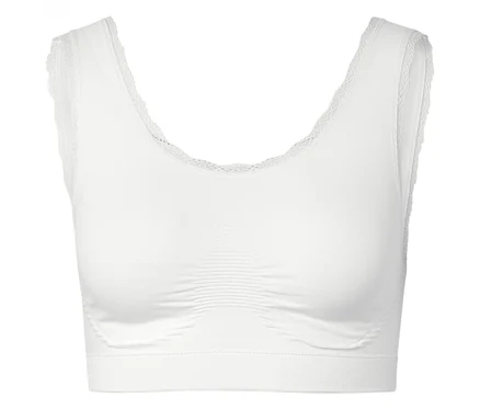 Weißes Bralette mit Spitze am Ausschnitt und an den Armausschnitten.