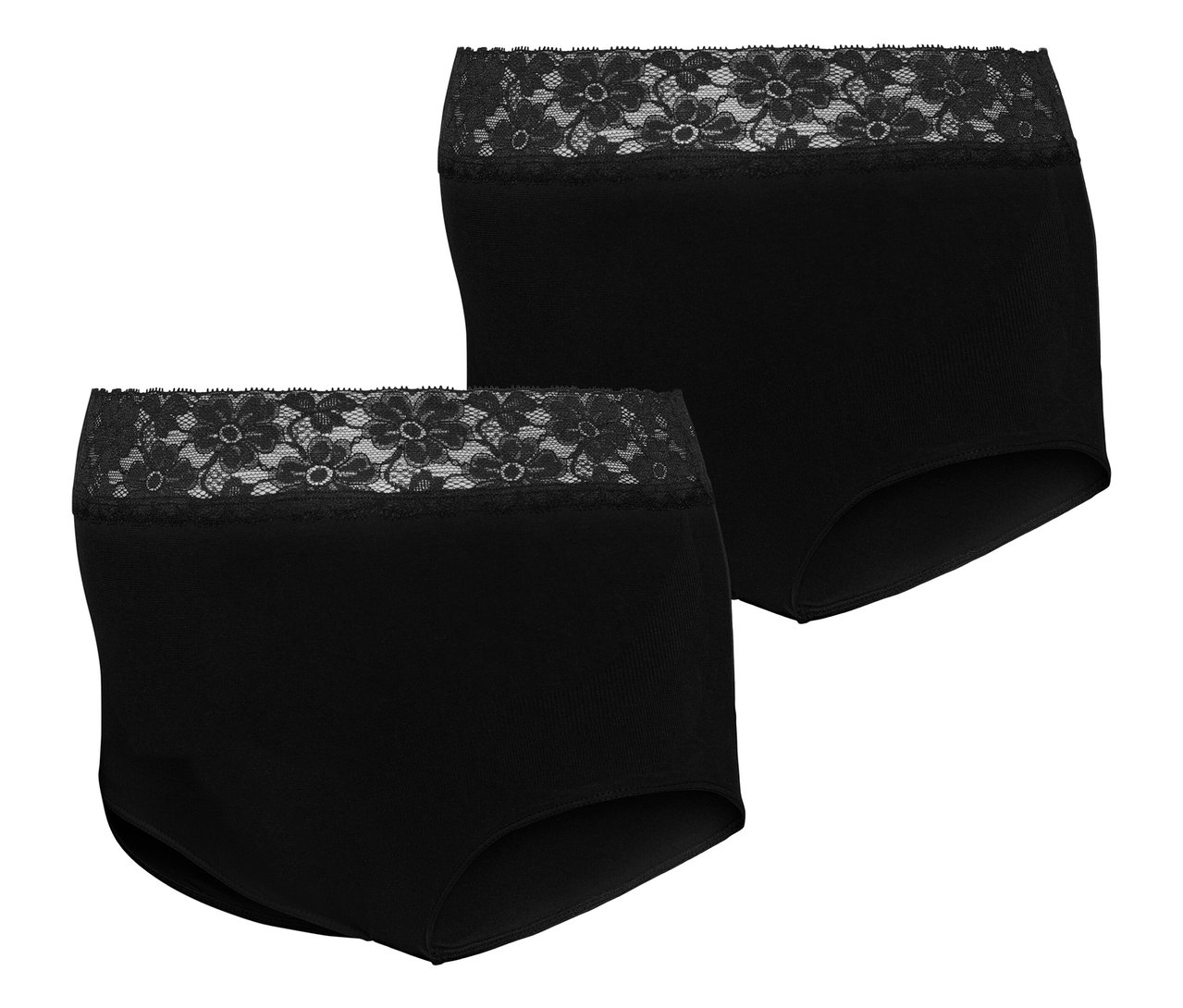 Zwei schwarze MAMALICIOUS MLHEAL HW LACE PANTIES 2-P NOOS Höschen liegen übereinander.