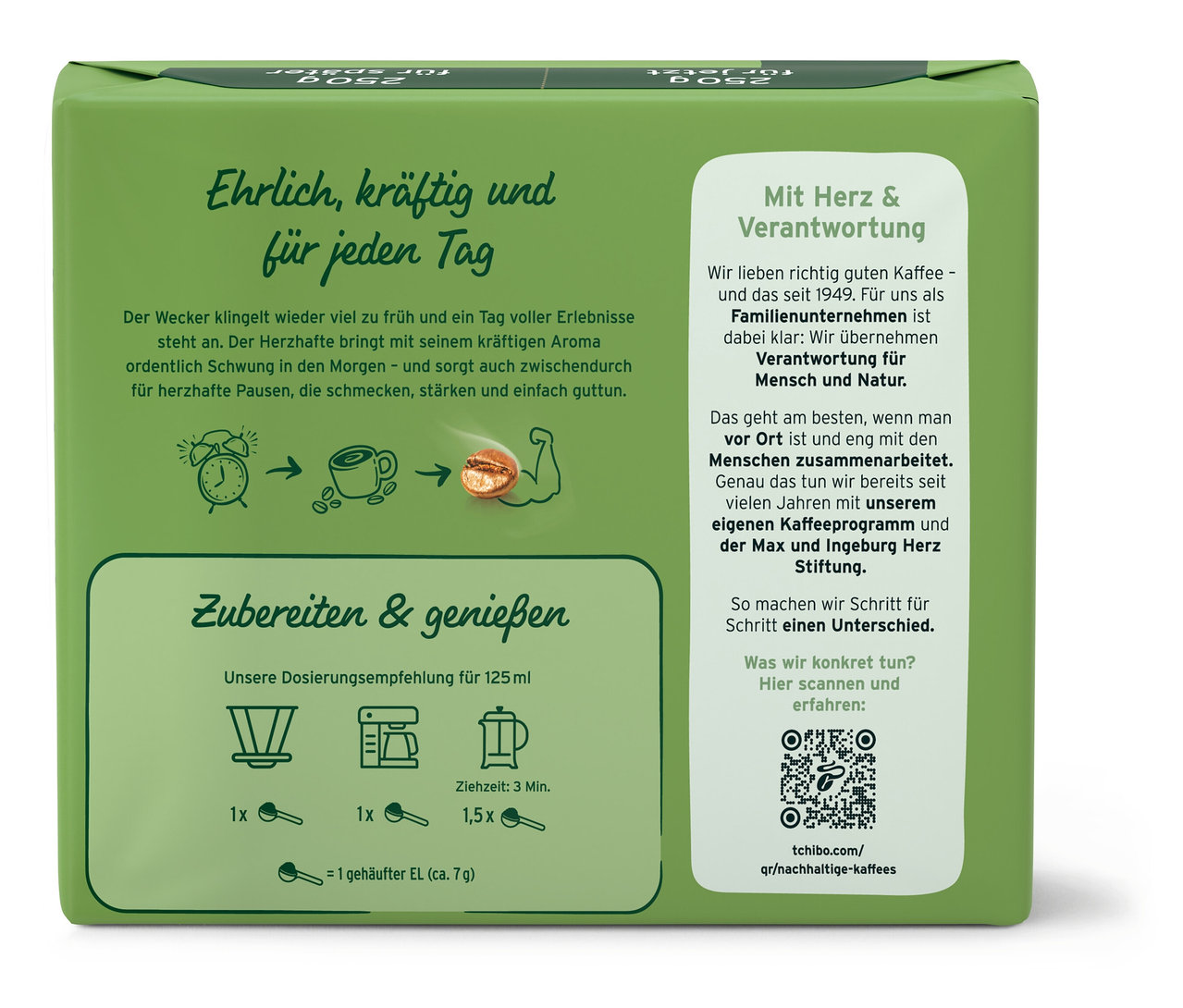 Grüne Verpackung von Der Herzhafte - 500 g Gemahlen und Der Herzhafte - 9 x 500 g Gemahlen mit Zubereitungshinweisen.