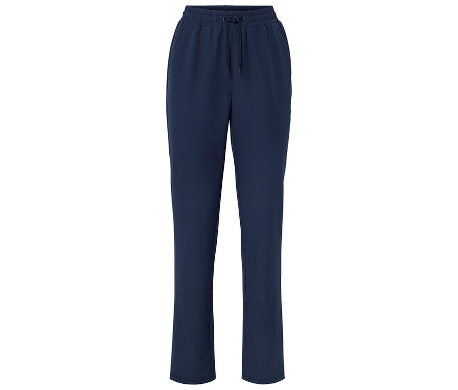 Dunkelblaue Softshell-Joggpants mit Gummizug und Kordelzug am Bund.