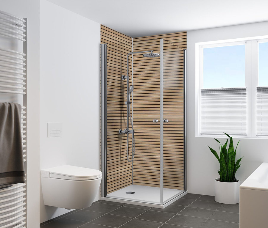 Ein Badezimmer zeigt eine Dusche mit einer Breuer®-Rückwand »Scandi« horizontal, ca. 100 x 210 cm.