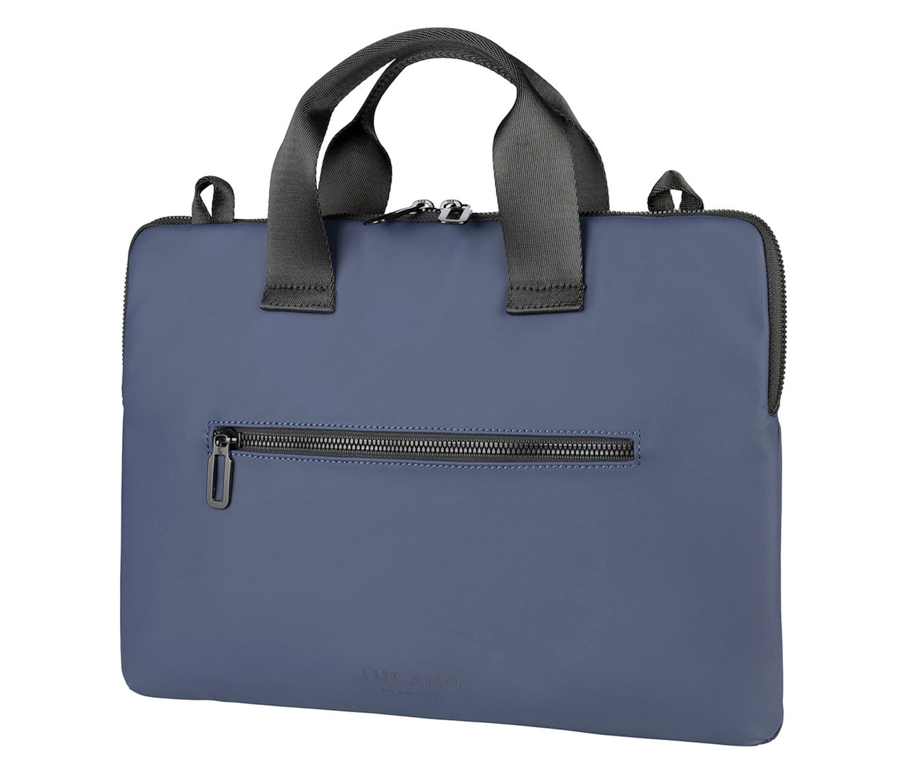 Blaue Laptoptasche mit Griffen und Reißverschlusstasche vorne.