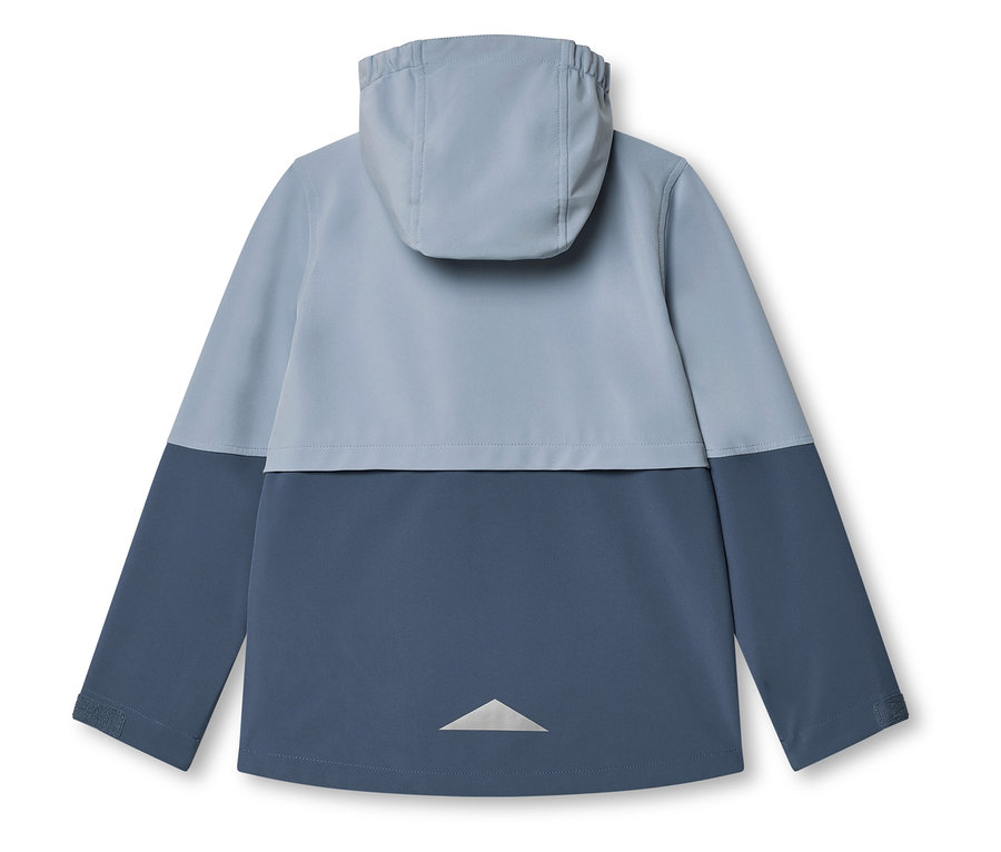 Rückansicht einer zweifarbigen Regenjacke in Blau mit Kapuze und reflektierendem Detail.