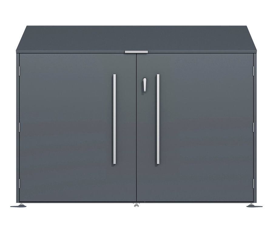Eine graue Gartenbox mit zwei Türen und silbernen Griffen vor einem weißen Hintergrund.