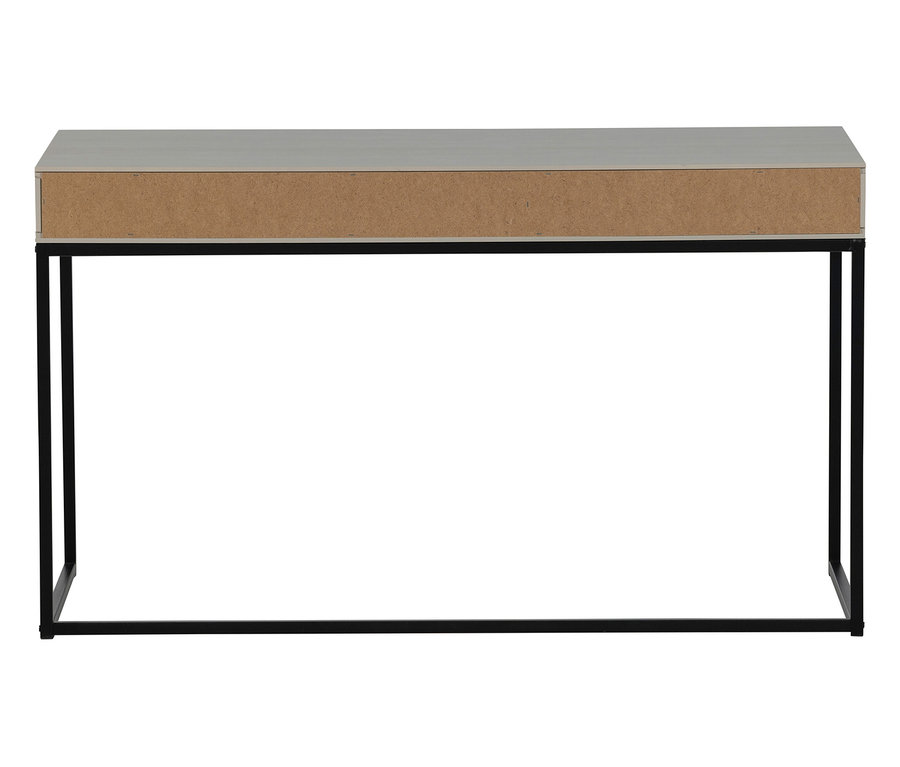 Grauer Tisch mit schwarzem Metallgestell.