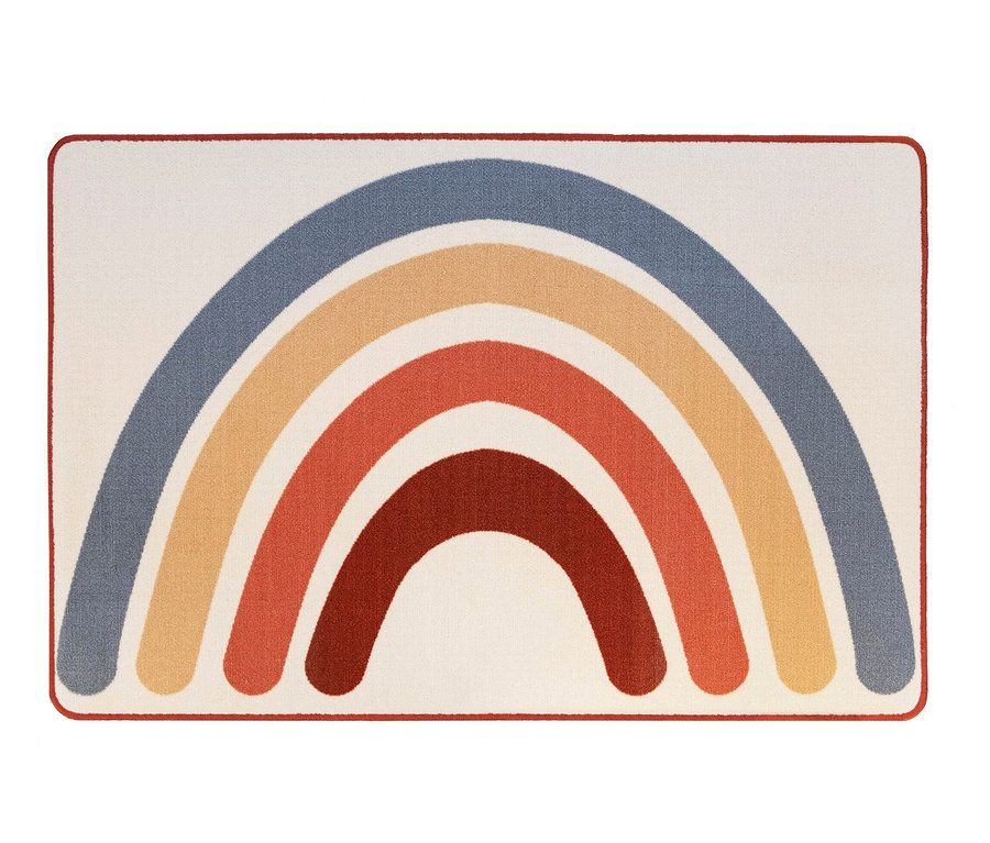 Vintage Kinderteppich »Rainbow« mit rotem Rand und Regenbogenmuster.