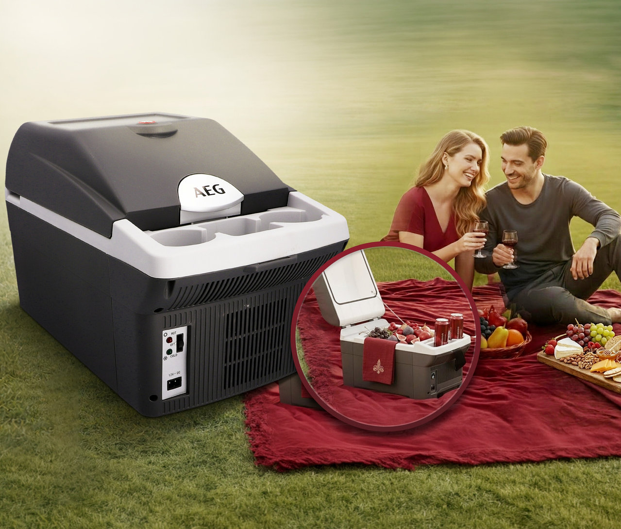 Schwarze und weiße AEG Bordbar »BK16« auf grünem Gras. Im Hintergrund picknickt ein Paar auf einer roten Decke. Ein vergrößerter Ausschnitt zeigt die geöffnete Bordbar mit Früchten und Gläsern.