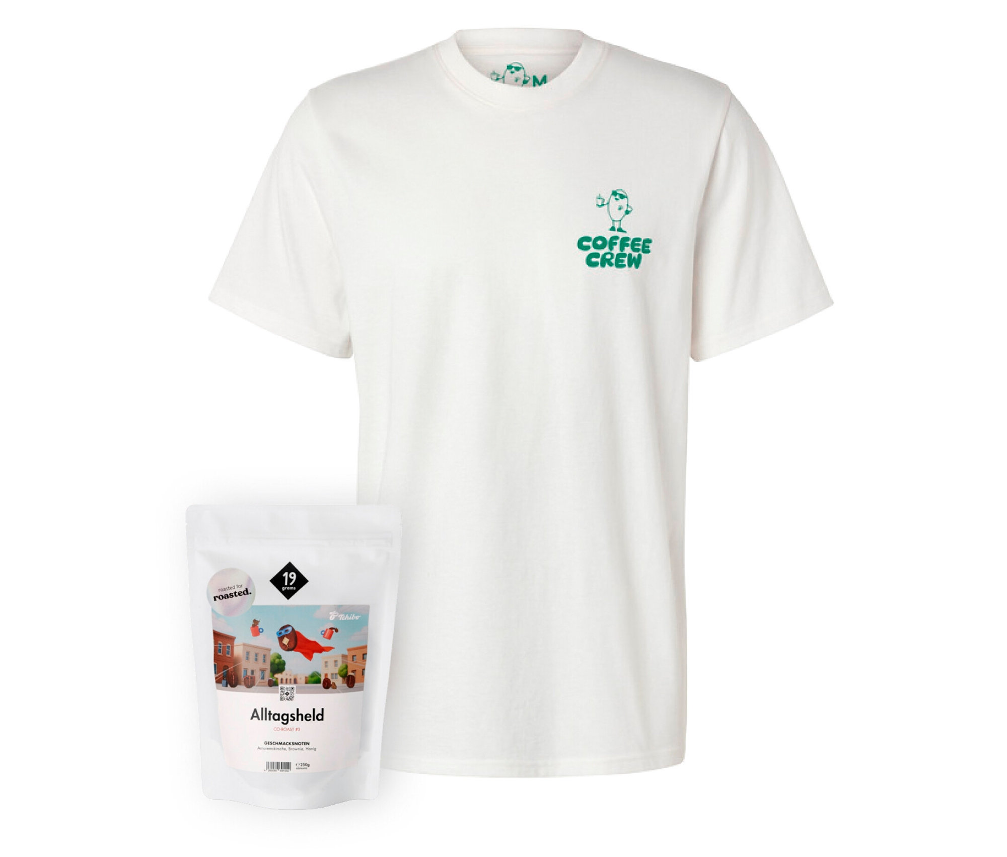 Kaffee-Geschenkset "Coffee Shirt" - 1 x 250 g Omni-Roast Ganze Bohne und Coffee Crew T-Shirt - Intensität: 5/6