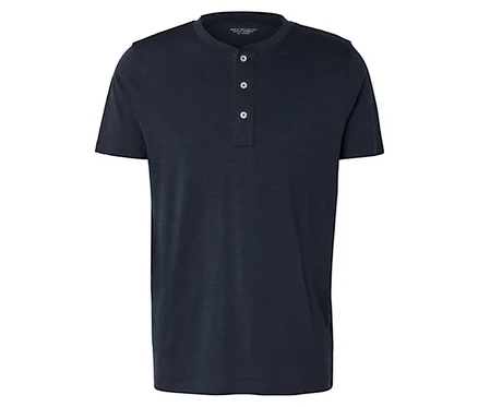 Marineblaues T-Shirt mit Knopfleiste.