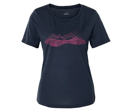 Dunkelblaues T-Shirt mit rosafarbenem Bergmotiv.