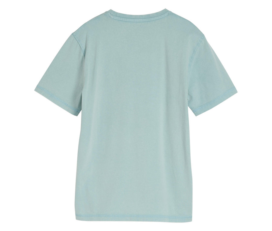 Rückansicht eines hellblauen Tom Tailor Kinder-Basic-T-Shirts mit Acid-Wash-Optik.