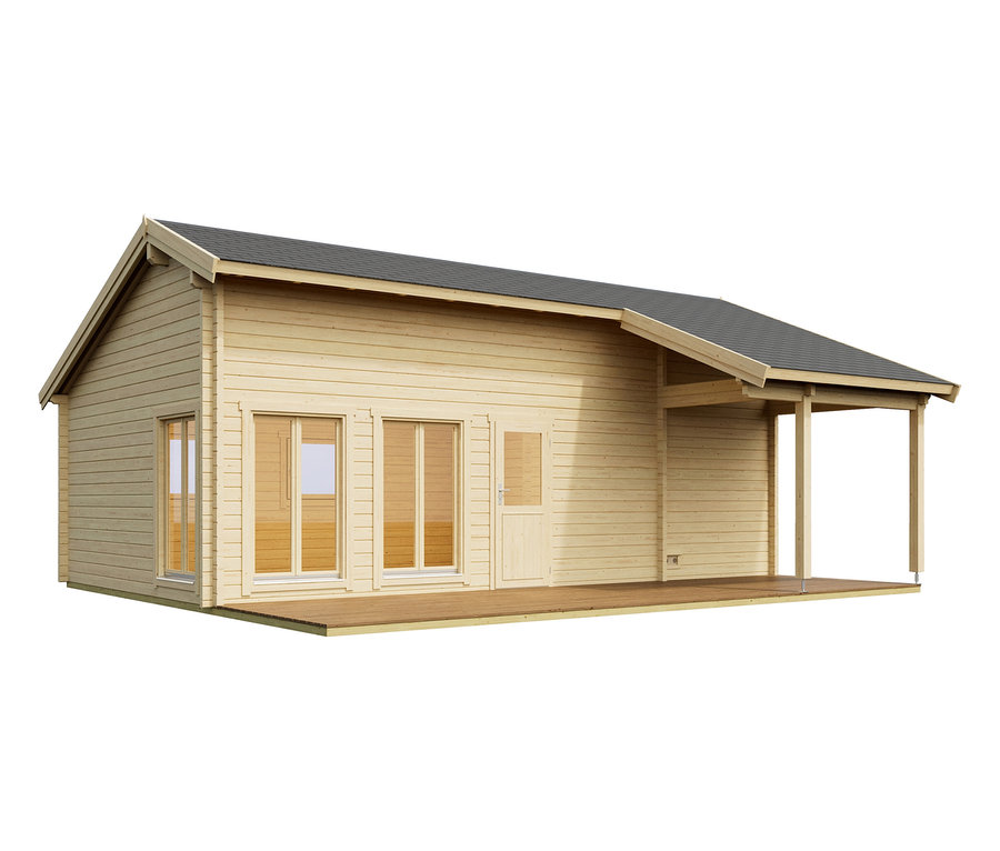 Ein Holzhaus mit einem grauen Dach und einer Holzterrasse.