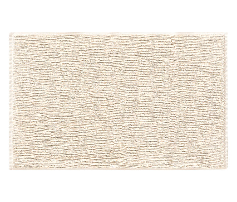 Draufsicht eines rechteckigen, beigefarbenen Teppichs.