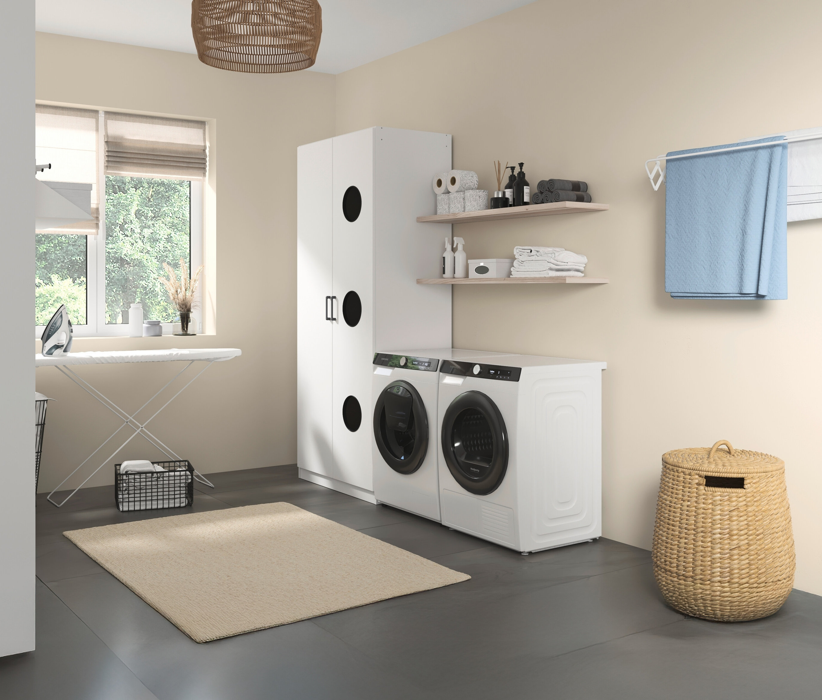 Waschraum mit Waschmaschine, Trockner und rauch Wäscheschrank »Allrounder«, 2-türig.