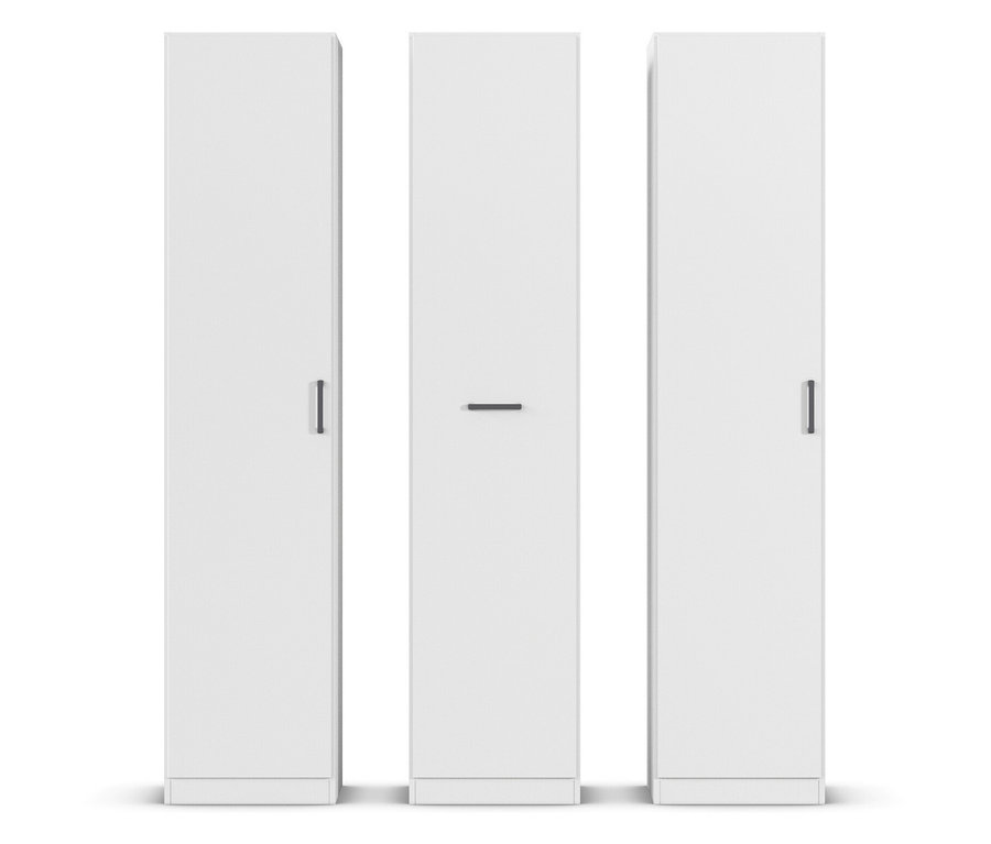 Drei weiße Schränke stehen nebeneinander vor einem weißen Hintergrund.