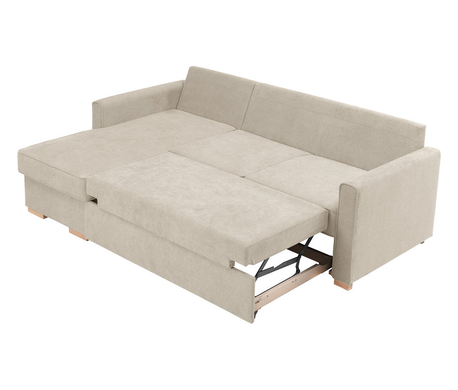 Ausgezogenes beiges modulares Sofa mit Holzbeinen.