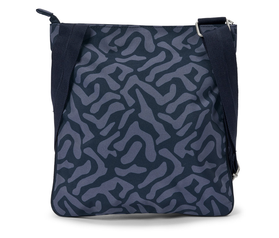 Blaue Umhängetasche mit abstraktem Muster.