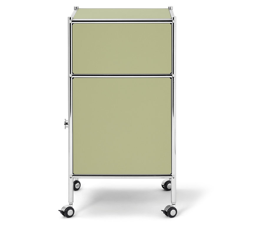 Ein mintgrüner Rollcontainer mit zwei Schubladen und silbernem Rahmen steht auf einem weißen Hintergrund.