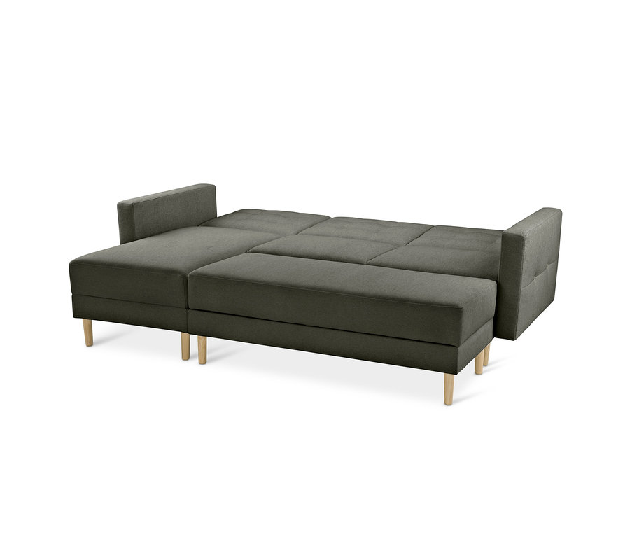 Dunkelgraues Eckschlafsofa »Just Relax«, ausgeklappt als Bett, mit hellen Holzfüßen.
