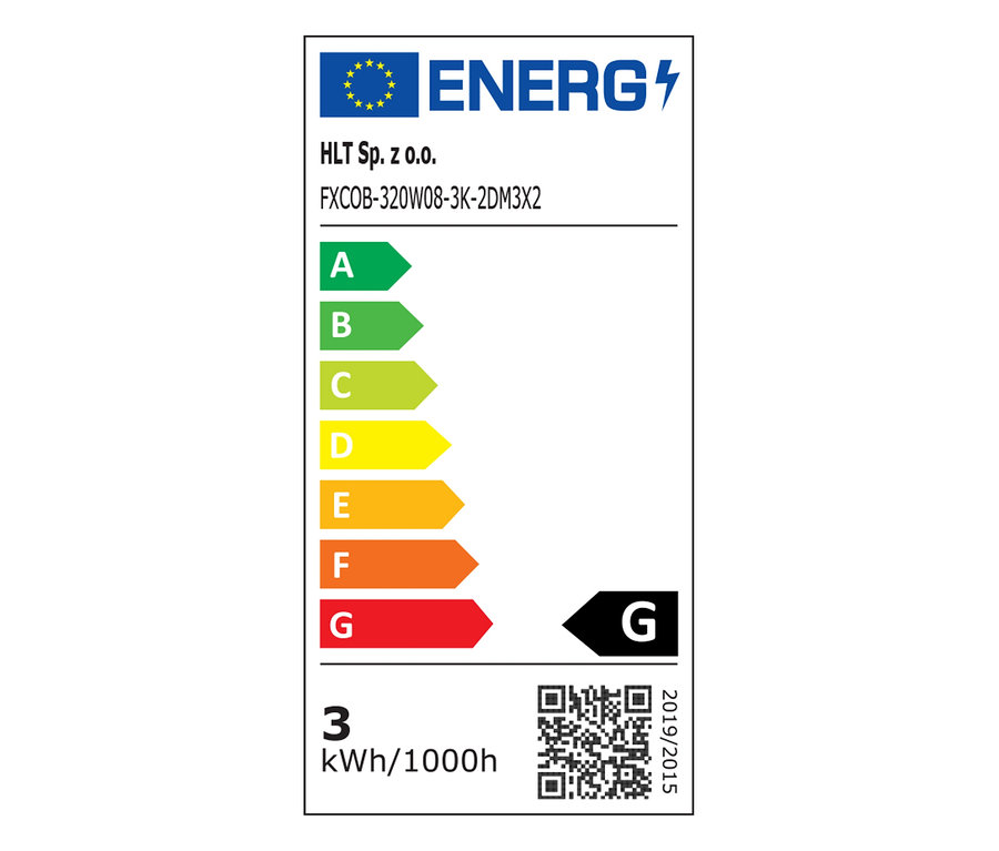 EU-Energielabel für FXCOB-320W08-3K-2DM3X2, zeigt Energieeffizienzklasse G, Verbrauch von 3 kWh/1000h und einen QR-Code.