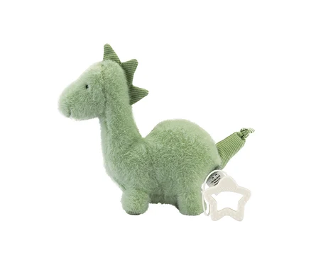 Hellgrünes Plüsch-Dinosaurier-Spielzeug mit gerippten Stacheln entlang des Rückens und Schwanzes. Ein weißer sternförmiger Beißring ist an seiner Seite befestigt.
