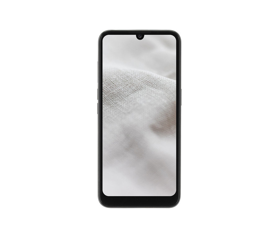 Schwarzes Smartphone mit weißem Bildschirm. Auf dem Display ist das Doro 8100 32GB in Schwarz zu sehen.