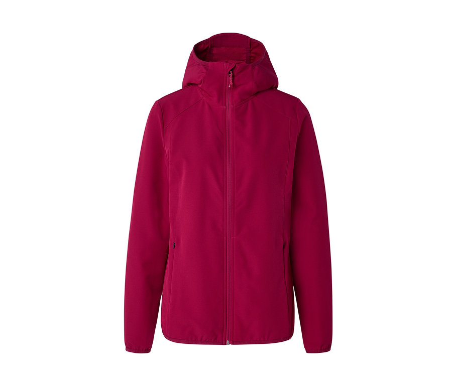 Magenta Softshelljacke mit Kapuze, durchgehendem Reißverschluss und Seitentaschen.