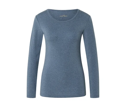 Blaues Langarmshirt mit Rundhalsausschnitt, melierter Textur und sichtbarem „EVERY BODY“-Markenetikett im Kragen.