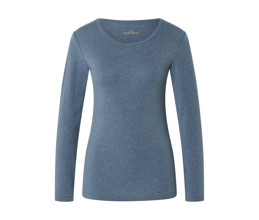 Blaues Langarmshirt mit Rundhalsausschnitt, melierter Textur und sichtbarem „EVERY BODY“-Markenetikett im Kragen.