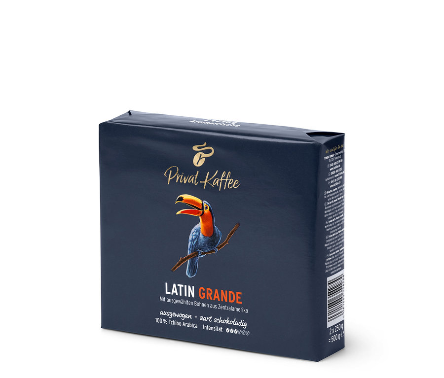 Packung Privat Kaffee Latin Grande gemahlener Kaffee mit Tukan-Abbildung.
