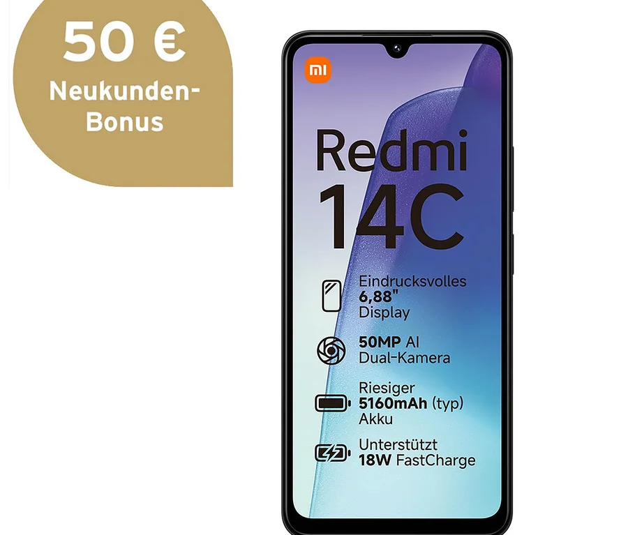 Schwarzes Xiaomi Redmi 14C mit 6,88-Zoll-Display.