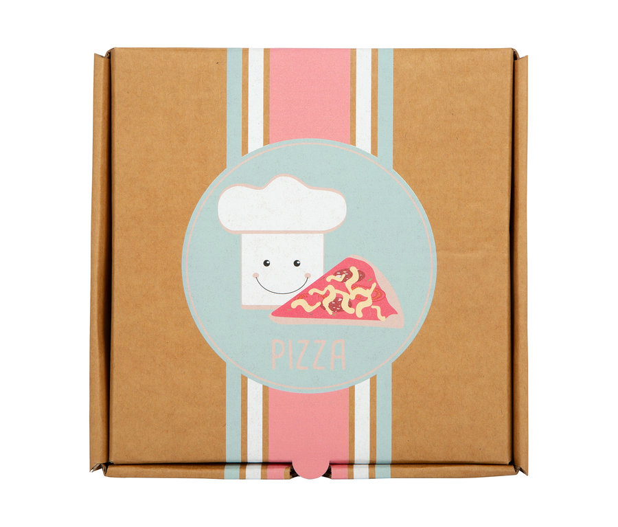Eine Schachtel mit einem Aufkleber, der einen Koch und eine Pizza darstellt.