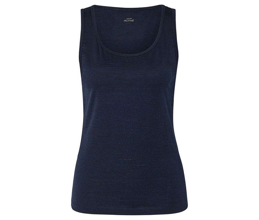 Dunkelblaues, ärmelloses Tanktop mit Rundhalsausschnitt und einem kleinen weißen Etikett im Nackenbereich.