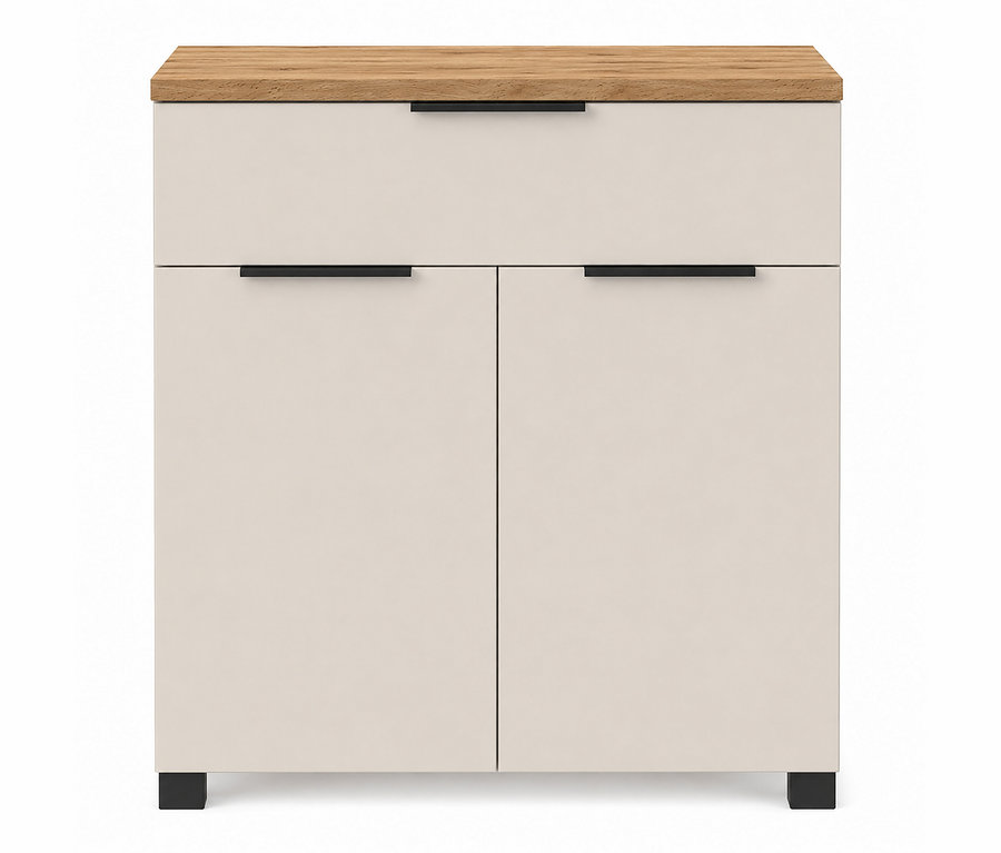Cremefarbener Schrank mit heller Holzplatte, einer oberen Schublade und zwei Türen darunter, alle mit schwarzen Griffen, auf schwarzen Füßen.