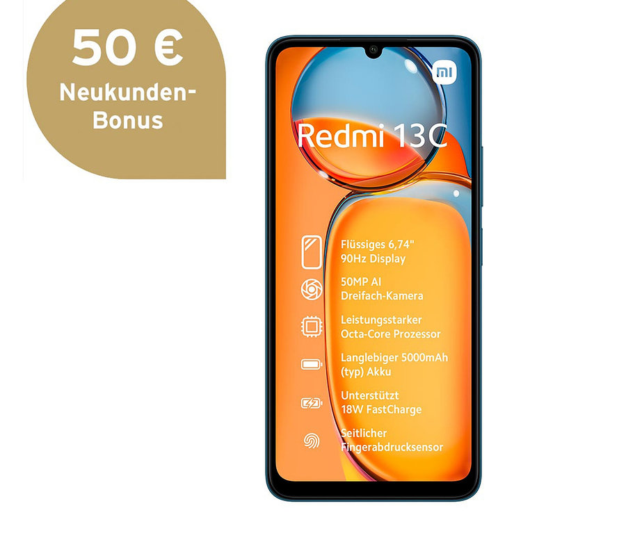 Abbildung eines marineblauen Xiaomi Redmi 13C mit 128 GB Speicher und orangefarbenem Hintergrund.