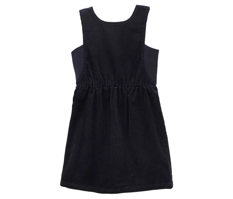 Dunkelblaues Cord-Trägerkleid, Rückansicht, mit U-Ausschnitt, breiten Trägern und Gummizug in der Taille.