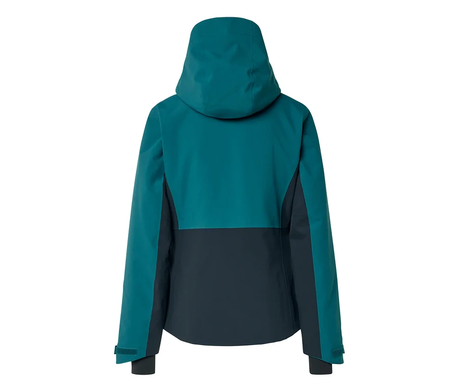 Rückenansicht einer zweifarbigen Jacke mit Kapuze. Der obere Teil und die Ärmel sind petrolfarben, der untere Rumpf und die Seitenpartien dunkelgrau.