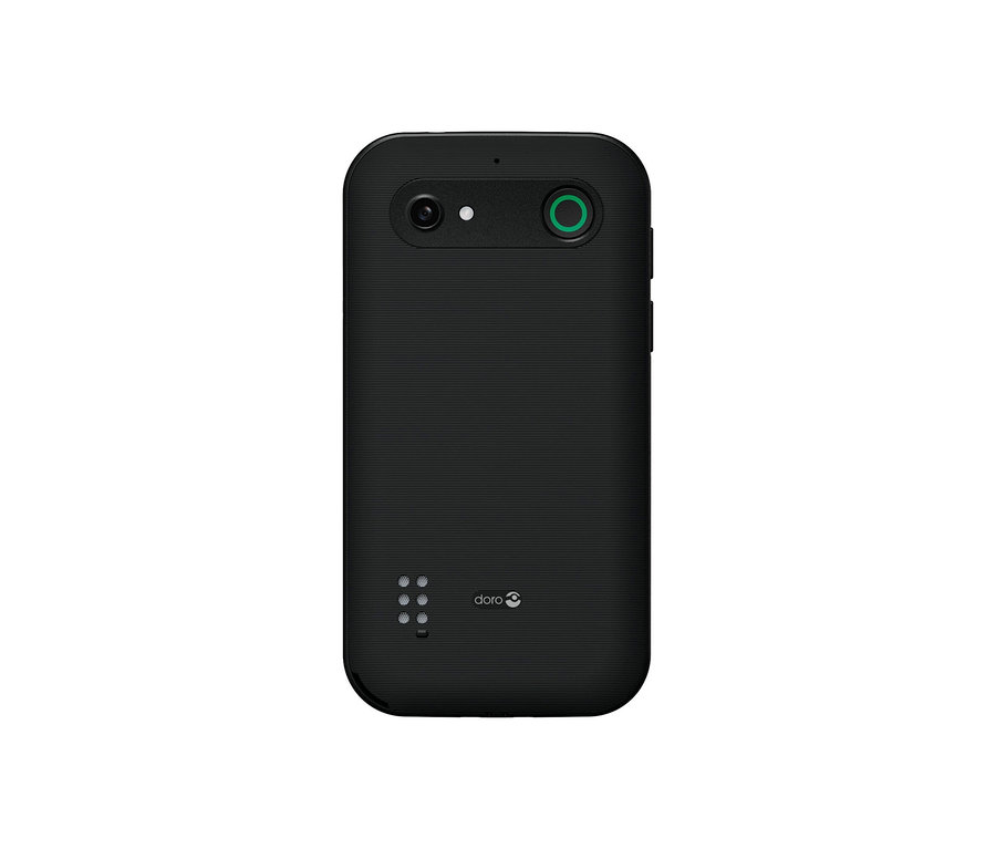 Rückseite des schwarzen Doro Leva E10 LTE Telefons mit Kamera, Blitz, grün umrandetem Knopf oben, Doro Logo und Ladekontakten unten.