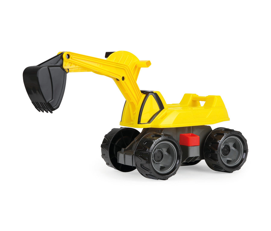 Gelber und schwarzer GIGA TRUCKS Aufsitz-Bagger Pro X mit großer schwarzer Schaufel und vier Rädern.