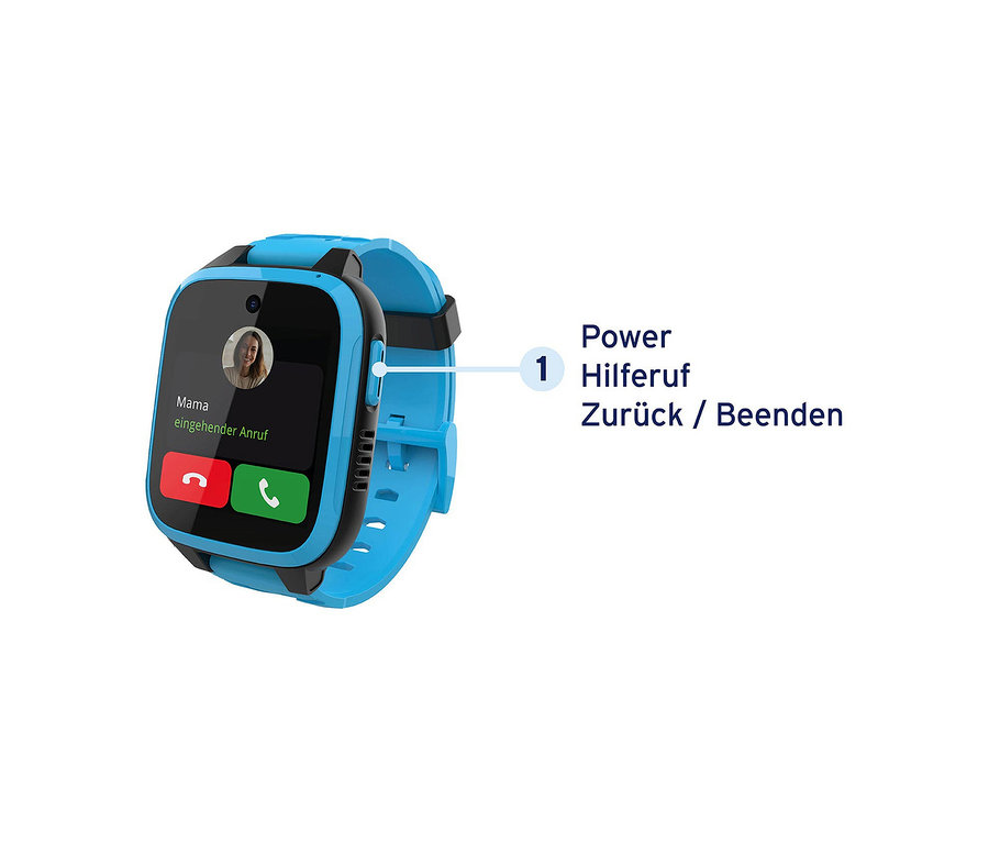 Nahaufnahme einer blauen Kinderuhr mit Touchscreen, die einen eingehenden Anruf von 'Mama' anzeigt. Kids Watch Xplora XGO3 blau.
