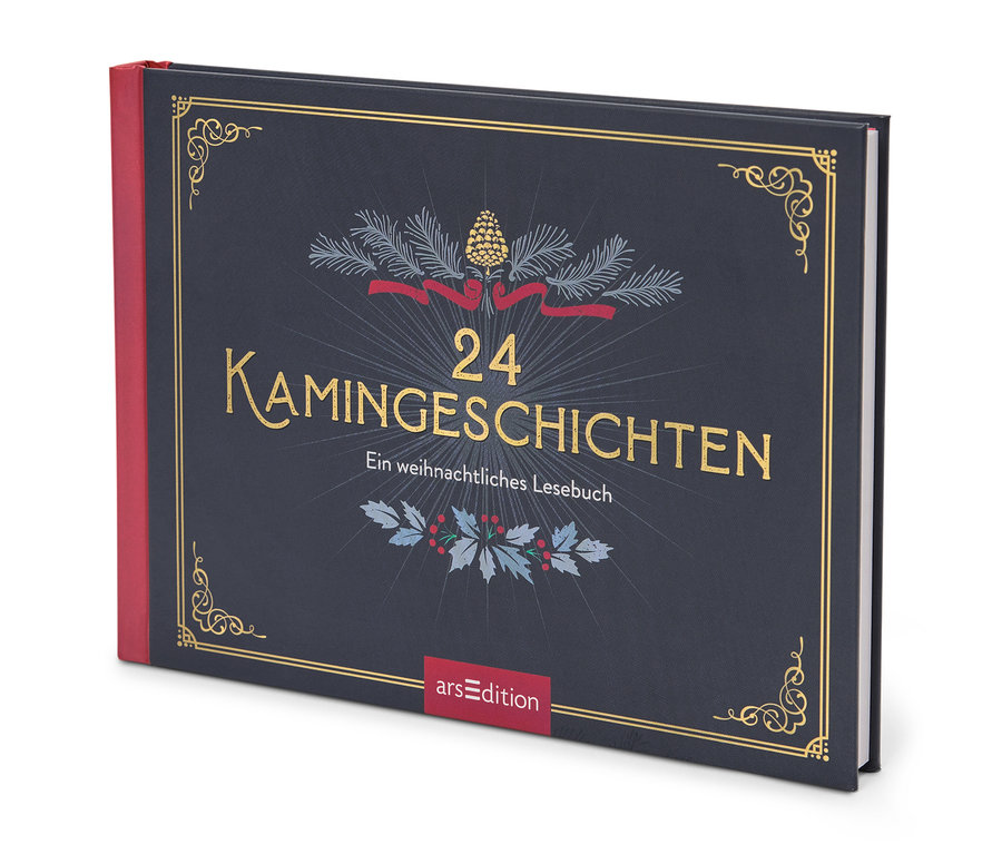 Buch "24 Kamingeschichten: Ein weihnachtliches Lesebuch" auf dunkelblauem Hintergrund mit goldener Schrift und Weihnachtsmotiven.