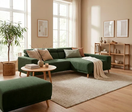 Ein modernes Wohnzimmer mit einem dunkelgrünen L-förmigen Sofa, einem passenden Hocker und einem runden Holztisch auf einem hellbeigen Teppich. Eine große Pflanze in einem Korb steht an großen Fenstern, und ein Holzregal mit Dekorationen befindet sich rechts.