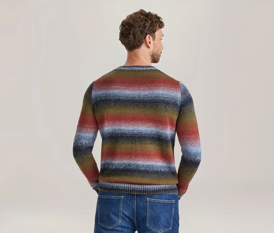 Mann von hinten gesehen, trägt einen mehrfarbigen gestreiften Pullover mit roten, blauen, grünen und dunkelblauen Querstreifen und blaue Jeans. Seine Hände stecken in den Hosentaschen.