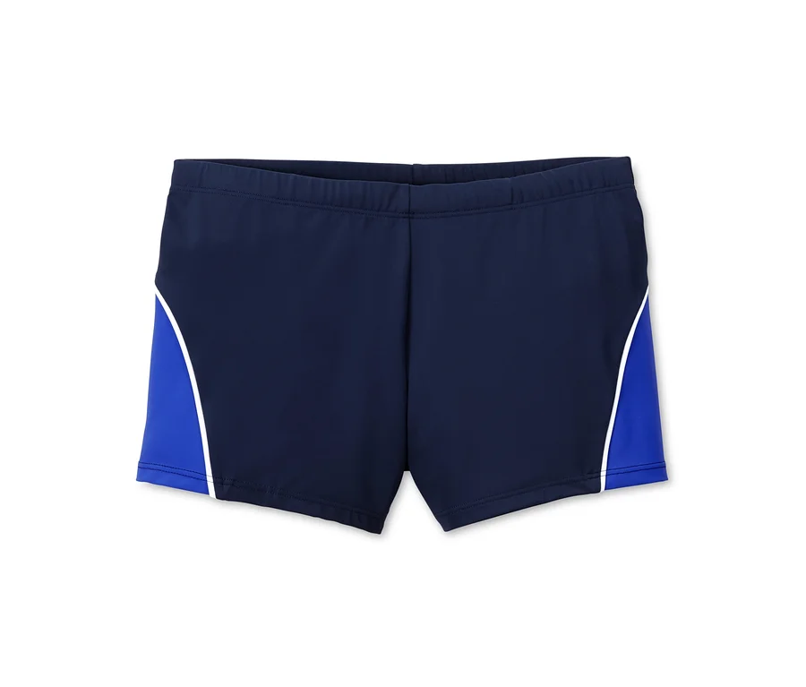 Dunkelblaue Badehose mit blauen Seiten und weißen Paspeln.