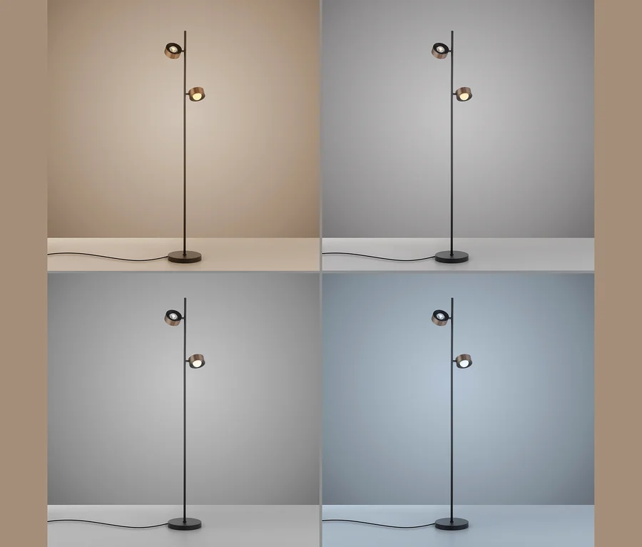 Dunkle Stehlampe mit zwei Strahlern, dargestellt in vier Lichtfarben: warm, neutral und kühl.