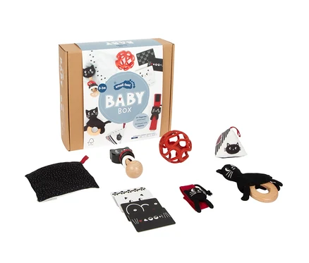 Eine geöffnete Baby Box mit verschiedenen Spielzeugen: ein roter Gitterball, ein dreieckiges Kätzchen-Stofftier, ein schwarzes Kätzchen mit Holzring, ein schwarzes Stoffquadrat, eine Holzrassel, Karten und ein kleines Kätzchen-Stofftier.